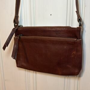 Fat Face FF brown leather minimalist crossbody two zipper pocket purse bag